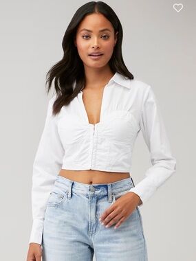 Karina Grimaldi Aster Blouse- White Cropped Button-Front Collared Top, Size XS